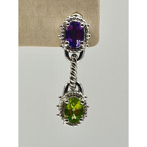Chapal Zenray Thailand Sterling Silver Peridot Amethyst Dangle Earrings Textured - Picture 3 of 8